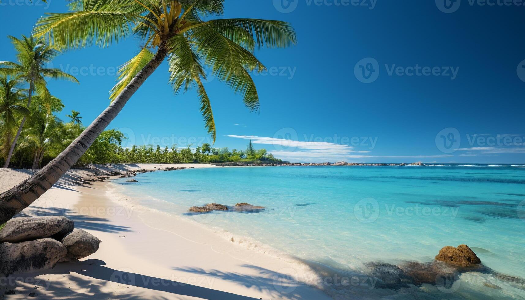 ai généré tropical littoral, bleu eau, paume des arbres été vacances paradis généré par ai photo