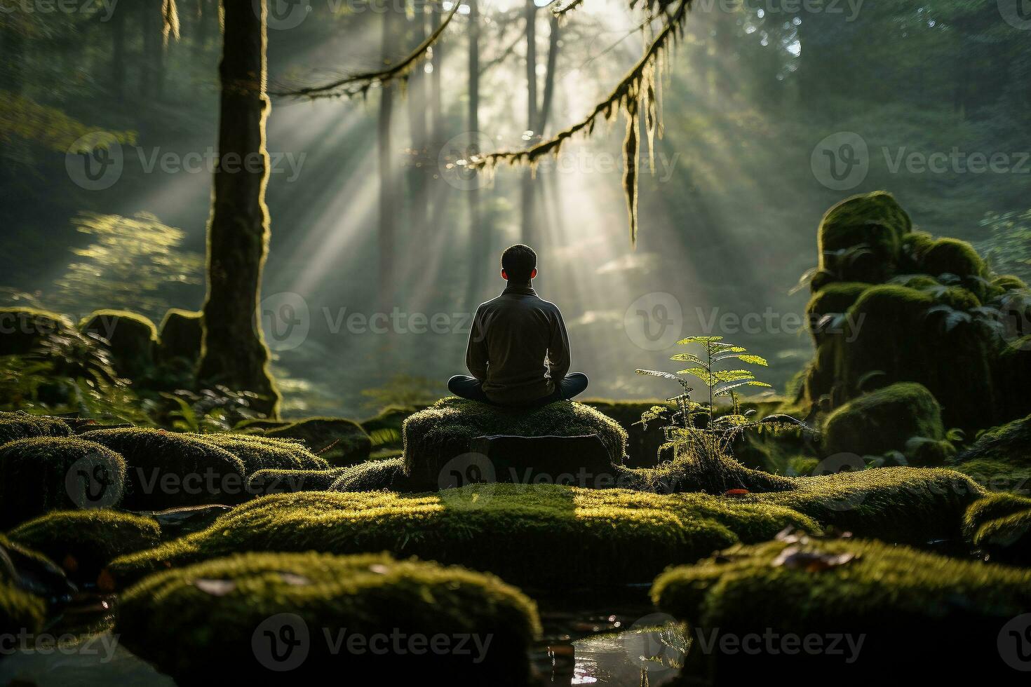 ai généré homme est assis jambes croisées sur couvert de mousse Roche entouré par grand des arbres, les pratiques méditation comme Matin Soleil filtres par feuillage photo