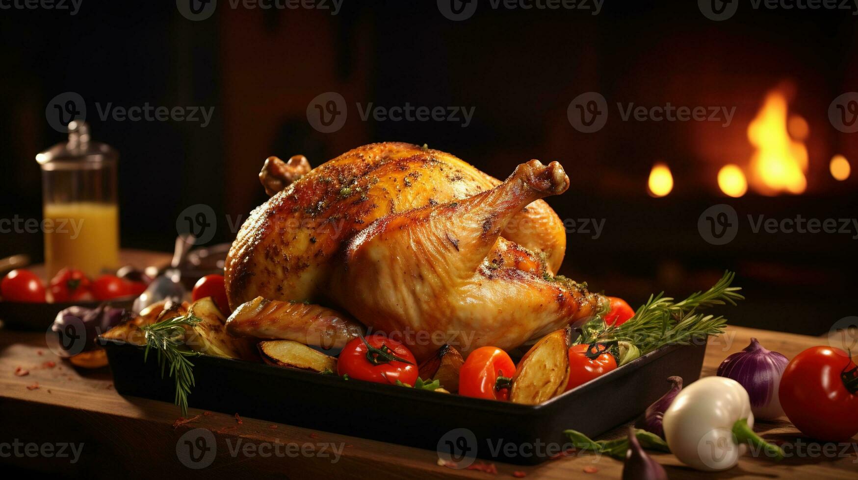 ai généré délicieux rôti poulet avec des légumes sur le en bois table photo