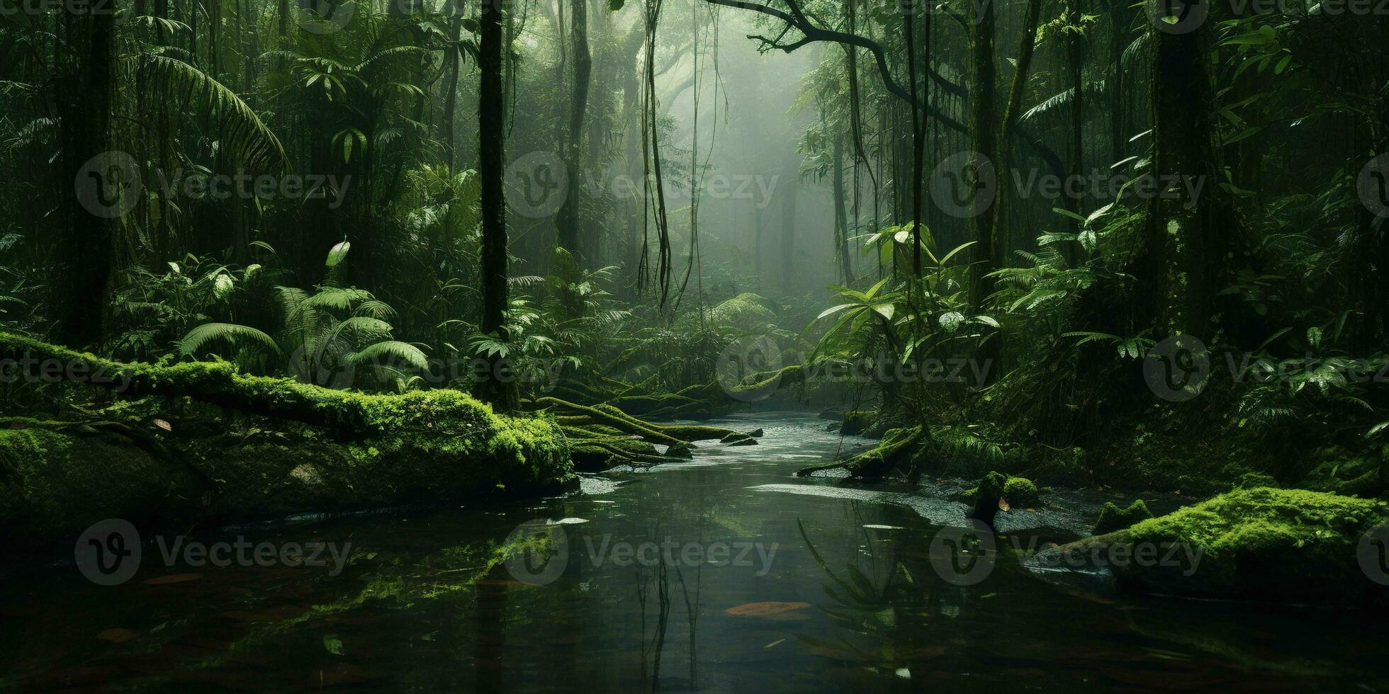 ai généré génératif ai, amazonien jungle brumeux paysage, tropical forêt tropicale avec paume des arbres photo