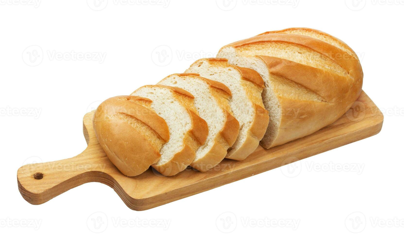 tranché pain sur en bois Coupe planche isolé sur blanc Contexte photo
