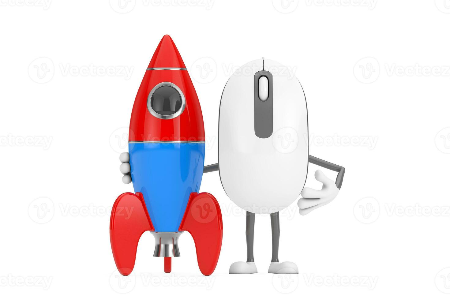 ordinateur Souris dessin animé la personne personnage mascotte avec dessin animé jouet fusée. 3d le rendu photo
