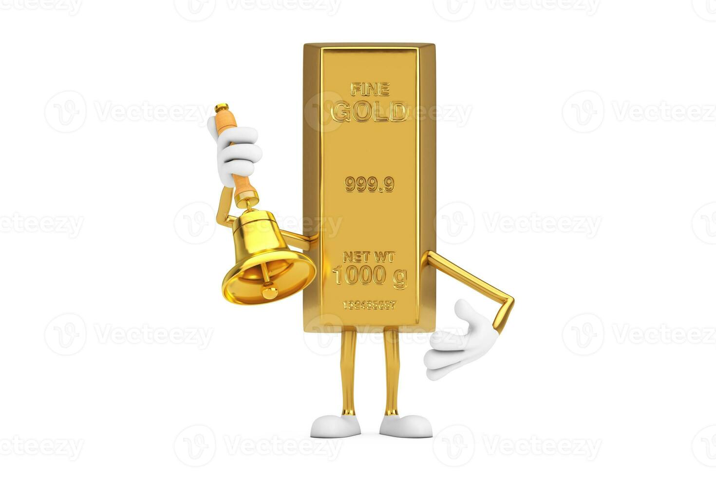 d'or bar dessin animé la personne personnage mascotte avec ancien d'or école cloche. 3d le rendu photo