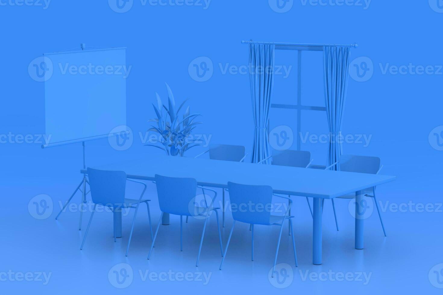 bleu monochrome bichromie Bureau salle de réunion moderne intérieur avec fenêtre, tableau, chaises et projection filtrer. 3d le rendu photo