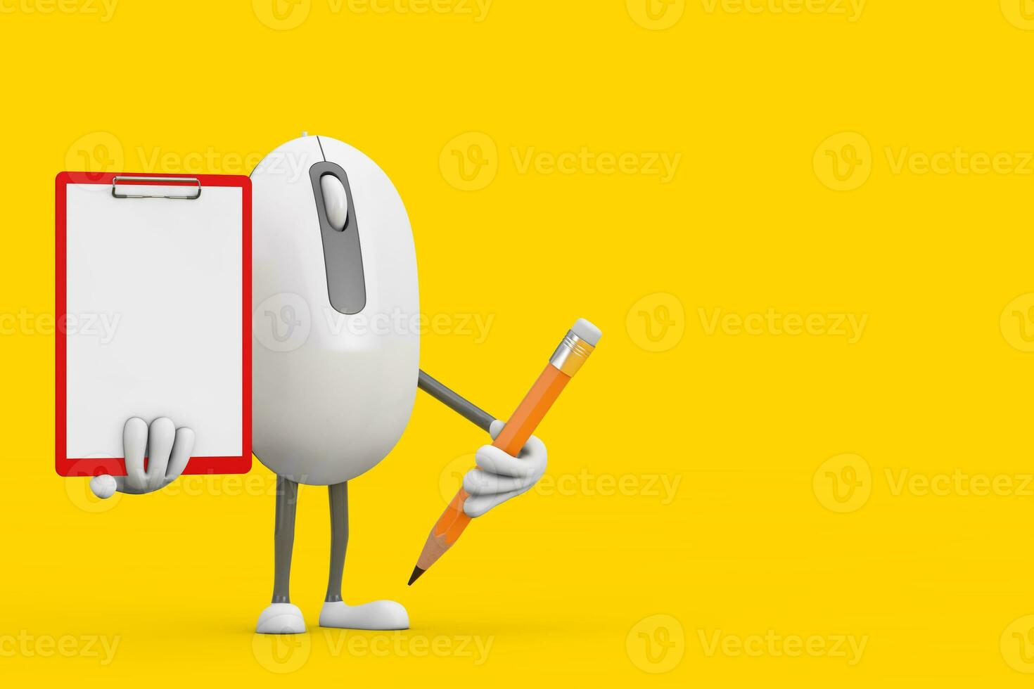 ordinateur Souris dessin animé la personne personnage mascotte avec rouge Plastique presse-papiers, papier et crayon. 3d le rendu photo