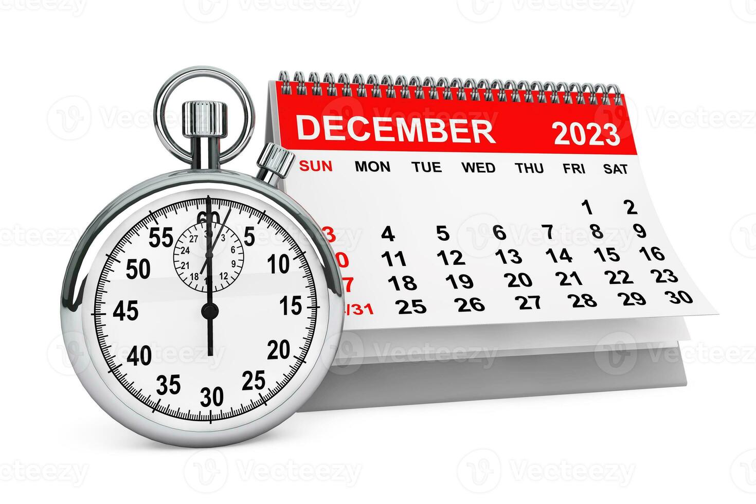 2023 année décembre calendrier avec chronomètre. 3d le rendu photo