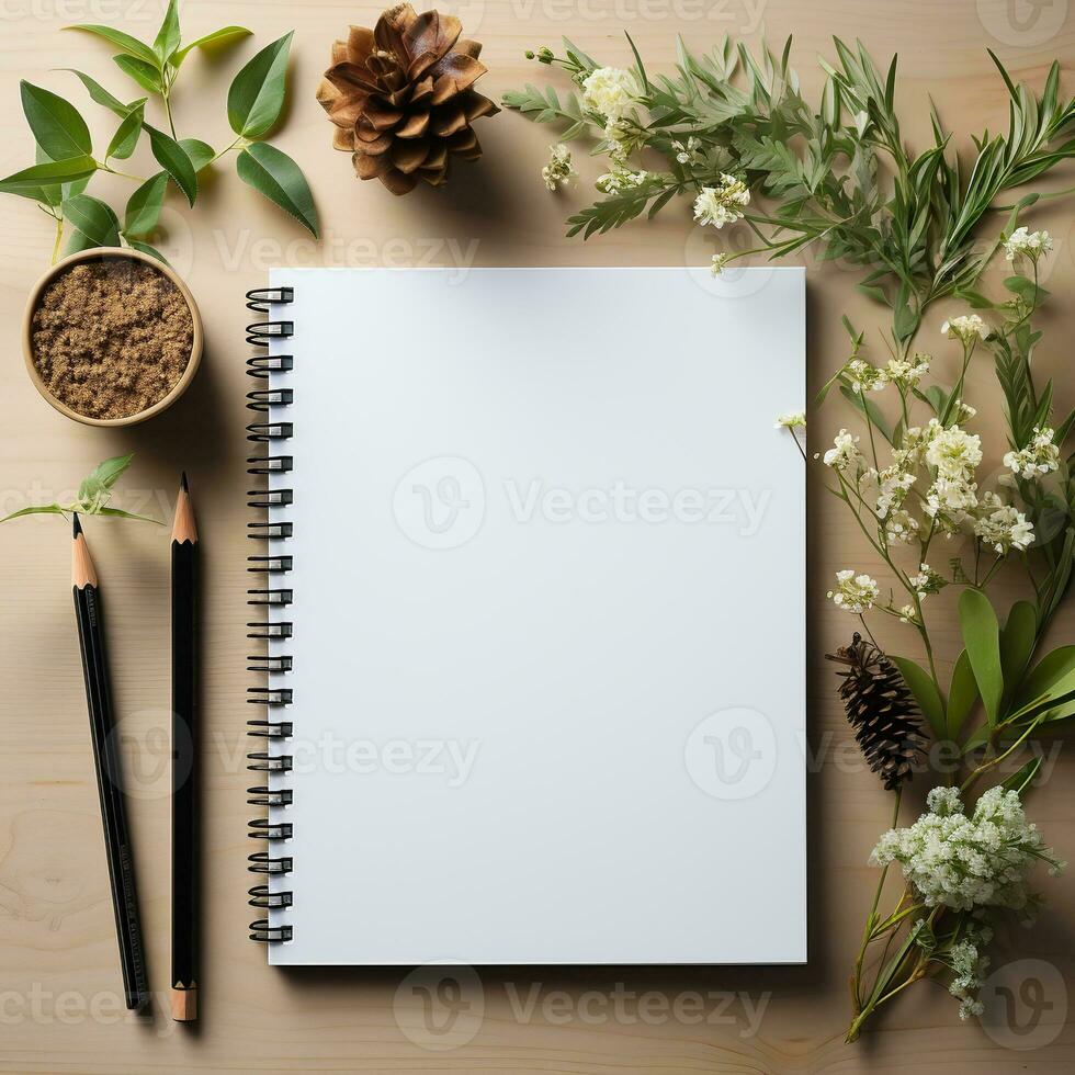 ai généré Haut vue de Vide carnet de notes, stylo, café tasse lumière Contexte. Créatif espace de travail bureau. affaires concept. établi avec génératif ai photo