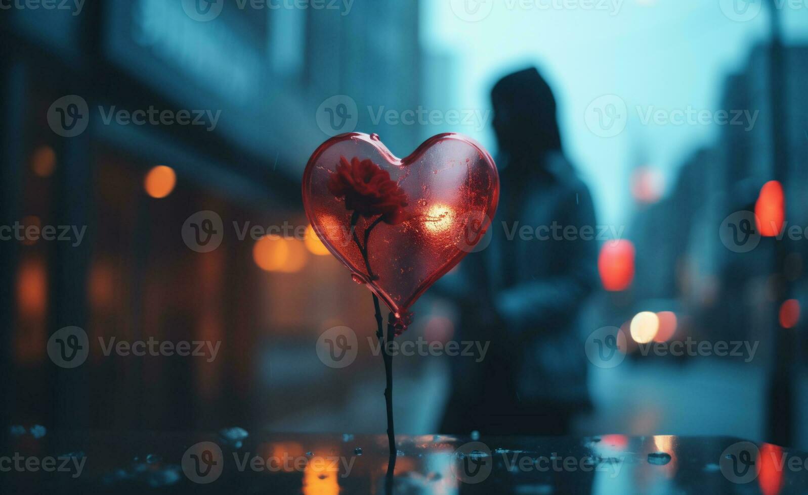 ai généré la Saint-Valentin journée Contexte. rouge cœur sur le rue dans le soir photo