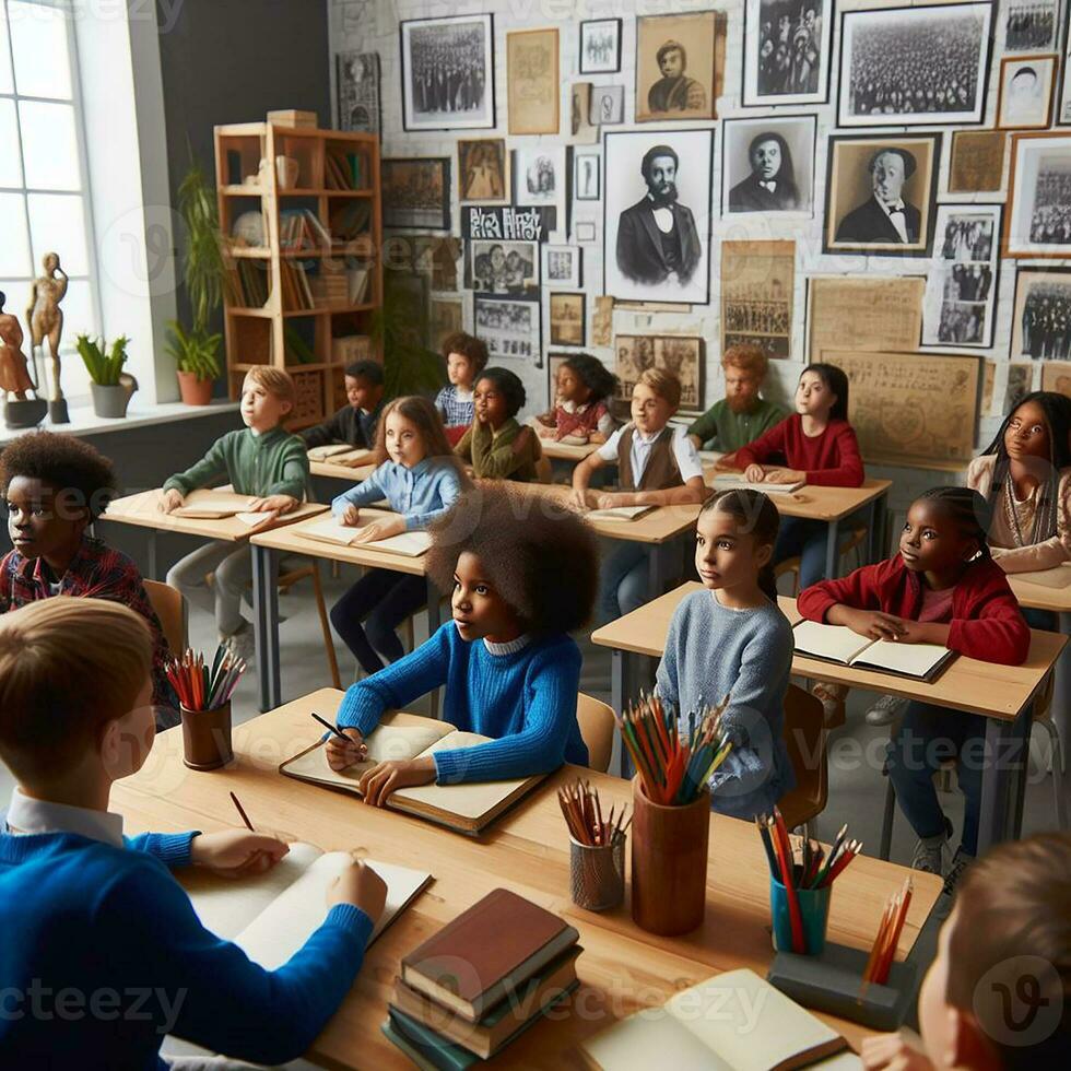 ai généré un éducatif réglage avec diverse élèves de divers descentes apprentissage à propos noir histoire photo