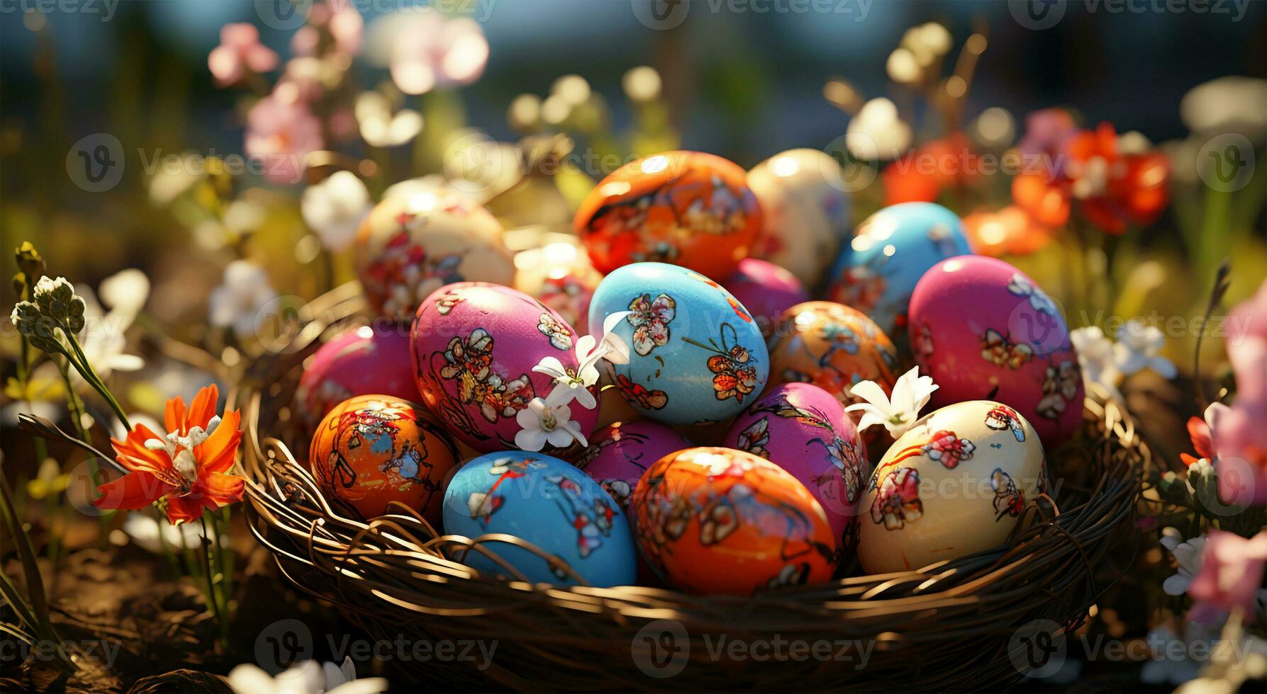 ai généré vue de Pâques journée avec beaucoup coloré des œufs dans une panier photo