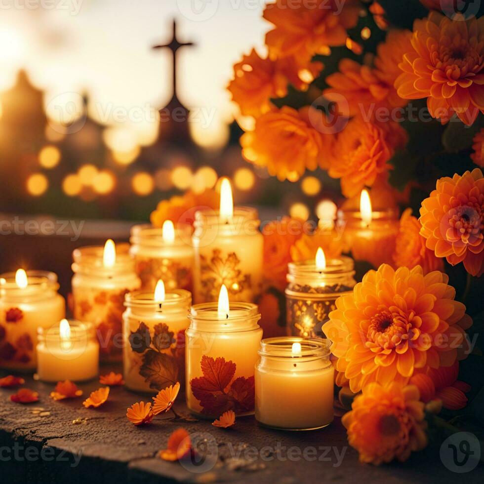 ai généré fermer de bougies et chrysanthèmes fleurs à le cimetière. tout saints journée cimetière. photo