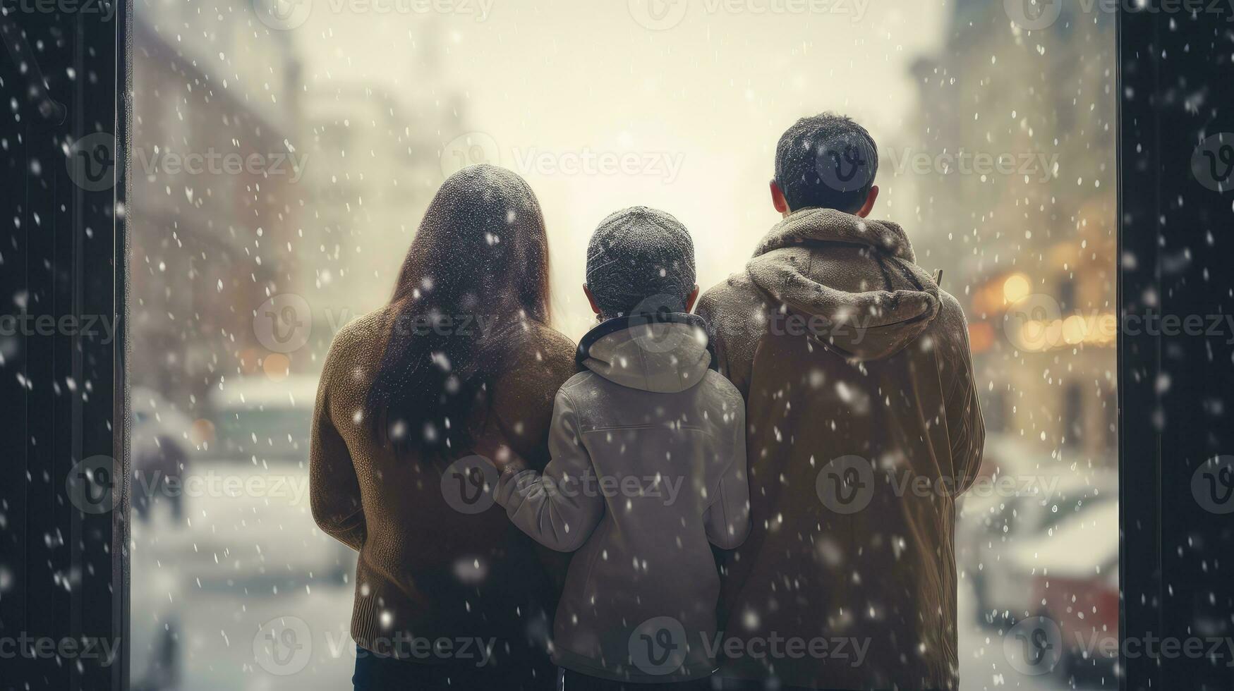 ai généré retour vue de famille à la recherche à ville rue dans hiver avec chute de neige photo
