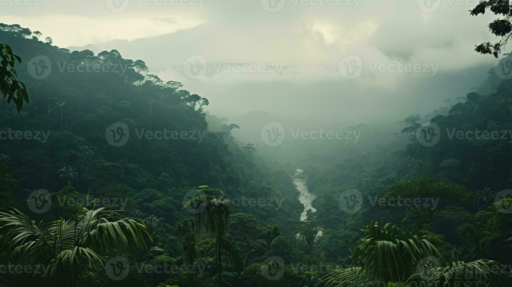 ai généré génératif ai, amazonien jungle brumeux paysage, tropical forêt tropicale avec paume des arbres photo