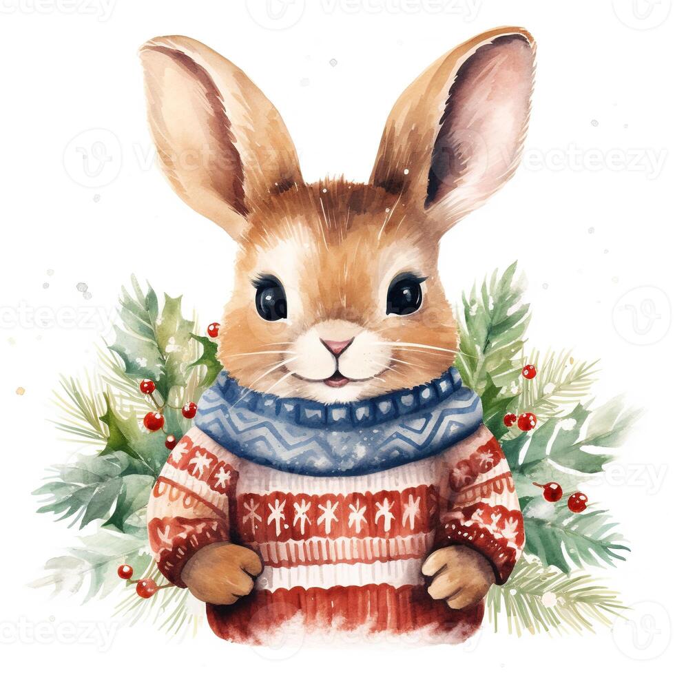 ai généré génératif ai, mignonne lapin animal, animal de compagnie dans Noël chapeau et laid chandails, aquarelle style. photo