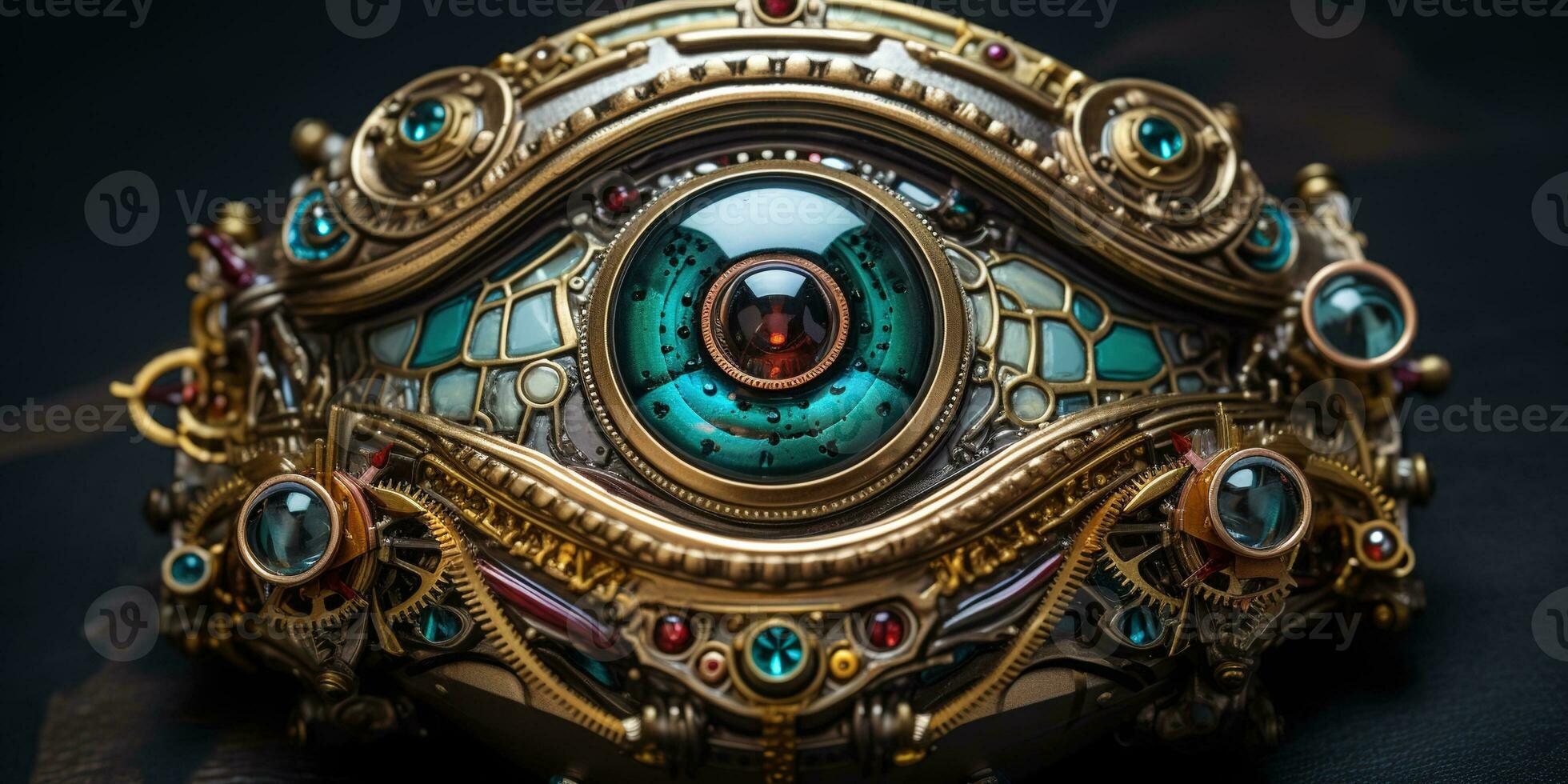 ai généré génératif ai, bionique steampunk œil fermer, fictif oculaire implant photo