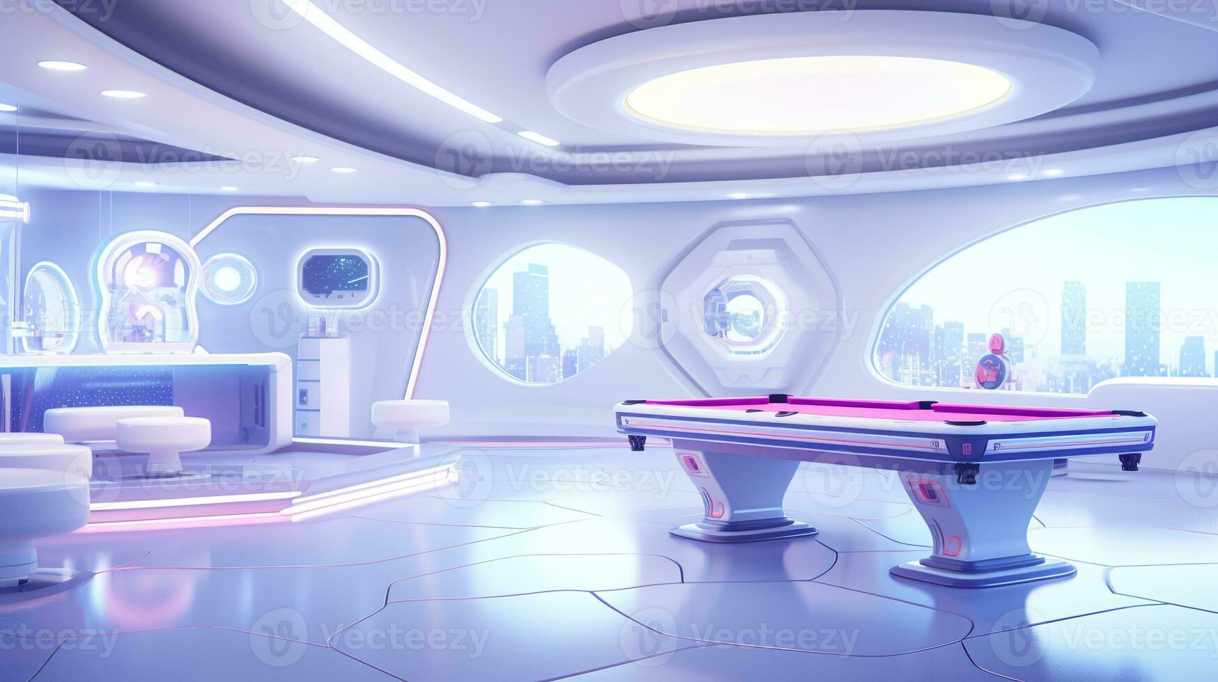 ai généré génératif ai, futuriste blanc jeu chambre, cyberpunk style, Jeu moderne installer photo