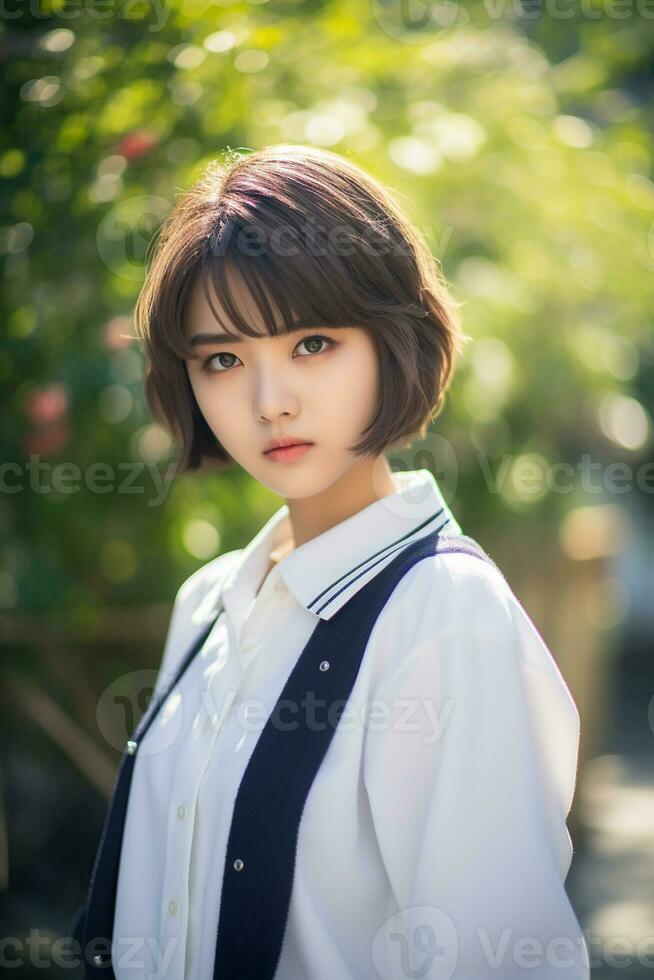 ai généré une magnifique Jeune Japonais haute école étudiant fille avec court cheveux dans une école uniforme en plein air photo