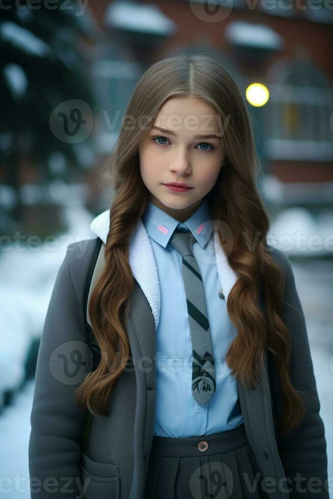 ai généré une magnifique russe haute école étudiant fille dans école uniforme en plein air dans hiver photo