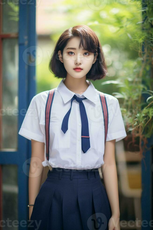 ai généré une magnifique Jeune coréen haute école étudiant fille avec court cheveux dans une école uniforme en plein air photo