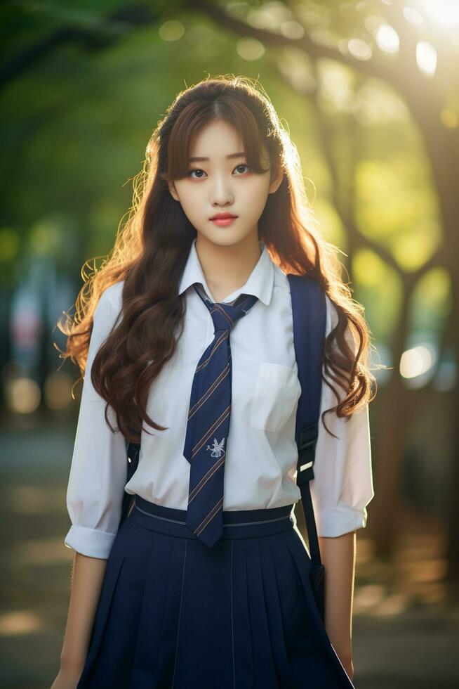 ai généré portrait de une magnifique Jeune coréen haute école étudiant fille avec ondulé cheveux dans une école uniforme en plein air photo