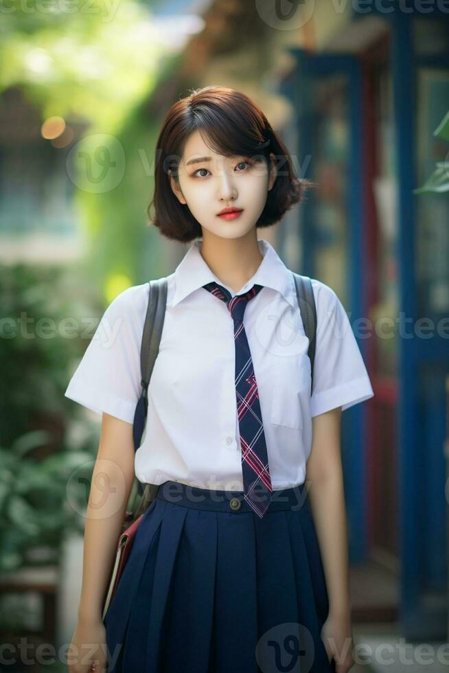 ai généré une magnifique Jeune coréen haute école étudiant fille avec court cheveux dans une école uniforme en plein air photo