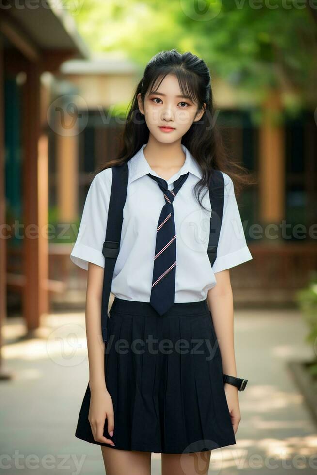 ai généré une Jeune chinois haute école étudiant fille avec ondulé cheveux dans une école uniforme posant pour une photo