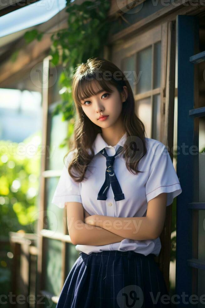 ai généré une magnifique asiatique Jeune femme dans école uniforme en plein air photo