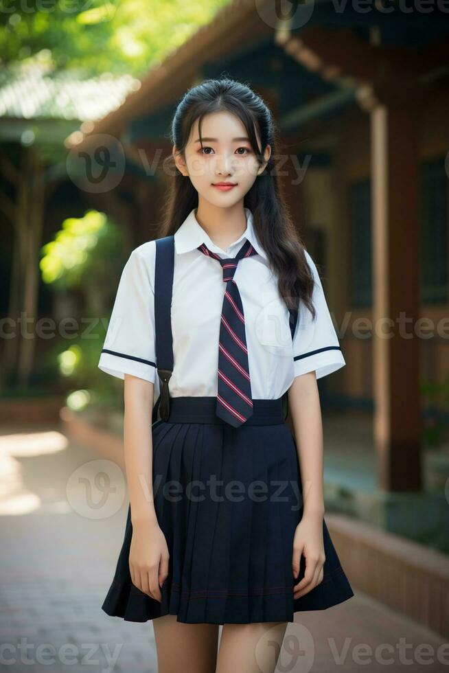 ai généré une Jeune chinois haute école étudiant fille avec ondulé cheveux dans une école uniforme posant pour une photo