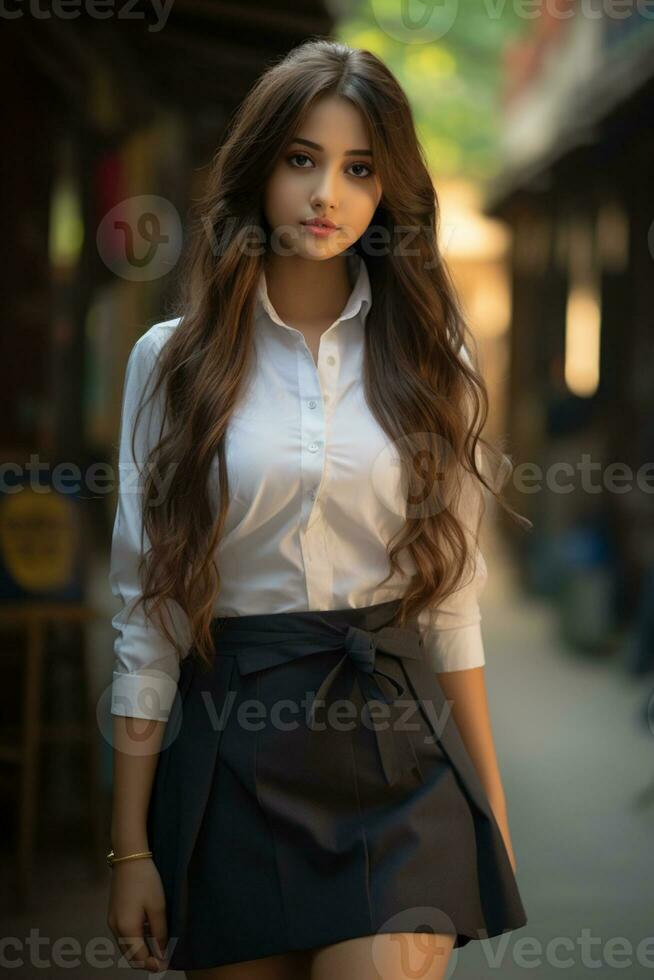 ai généré magnifique Indien fille portant école uniforme photo