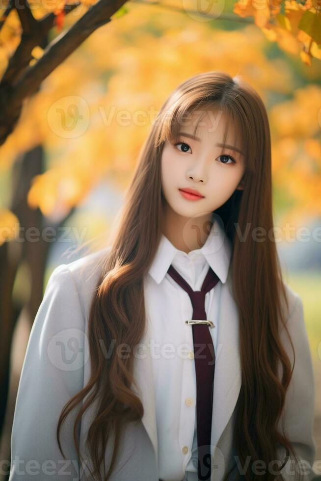 ai généré portrait de magnifique Jeune Japonais haute école étudiant fille dans une école uniforme en plein air photo