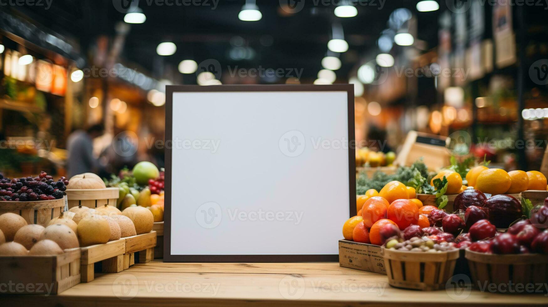 ai généré génératif ai, affiche ou enseigne moquer en haut pour logo conception, marque présentation sur flou nourriture marché Contexte photo