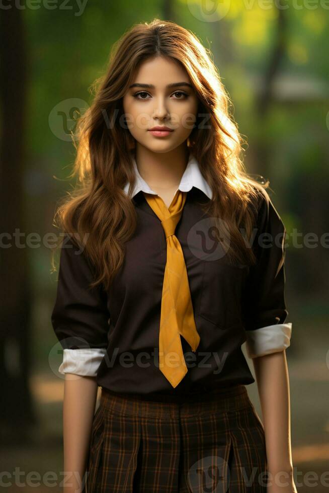 ai généré magnifique Indien fille portant école uniforme photo