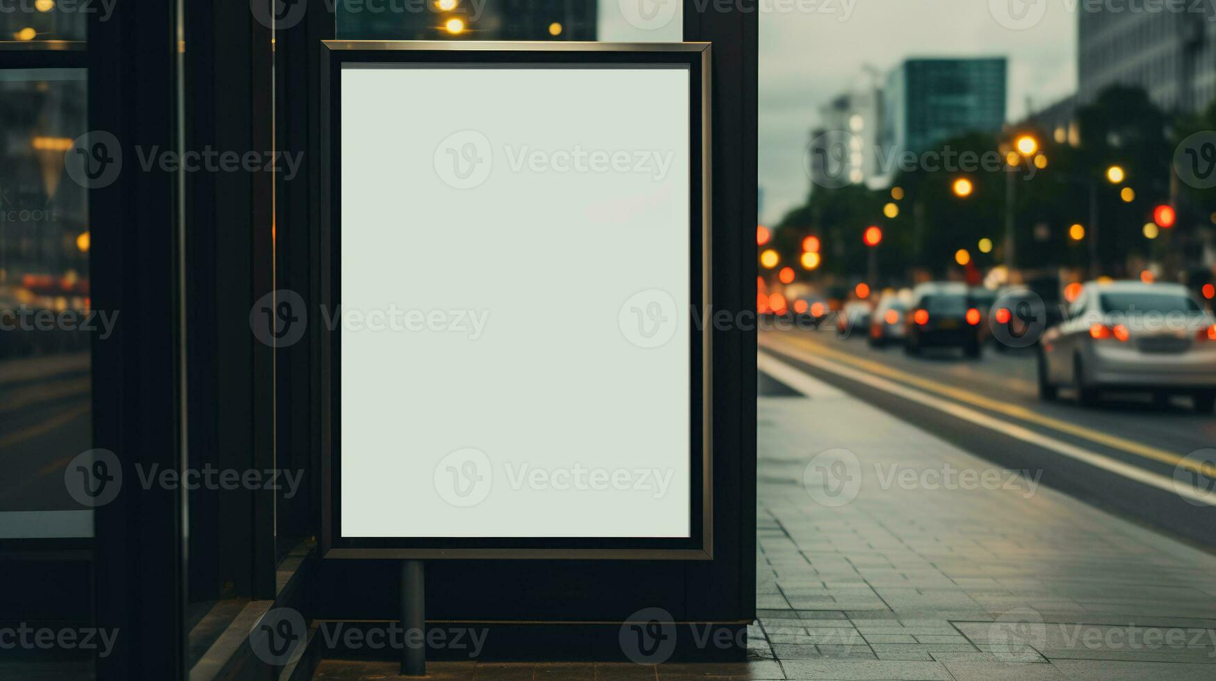 ai généré génératif ai, affiche moquer en haut pour logo conception, marque présentation, esthétique en sourdine neutre couleurs, sur flou nuit bar ou restaurant Contexte photo