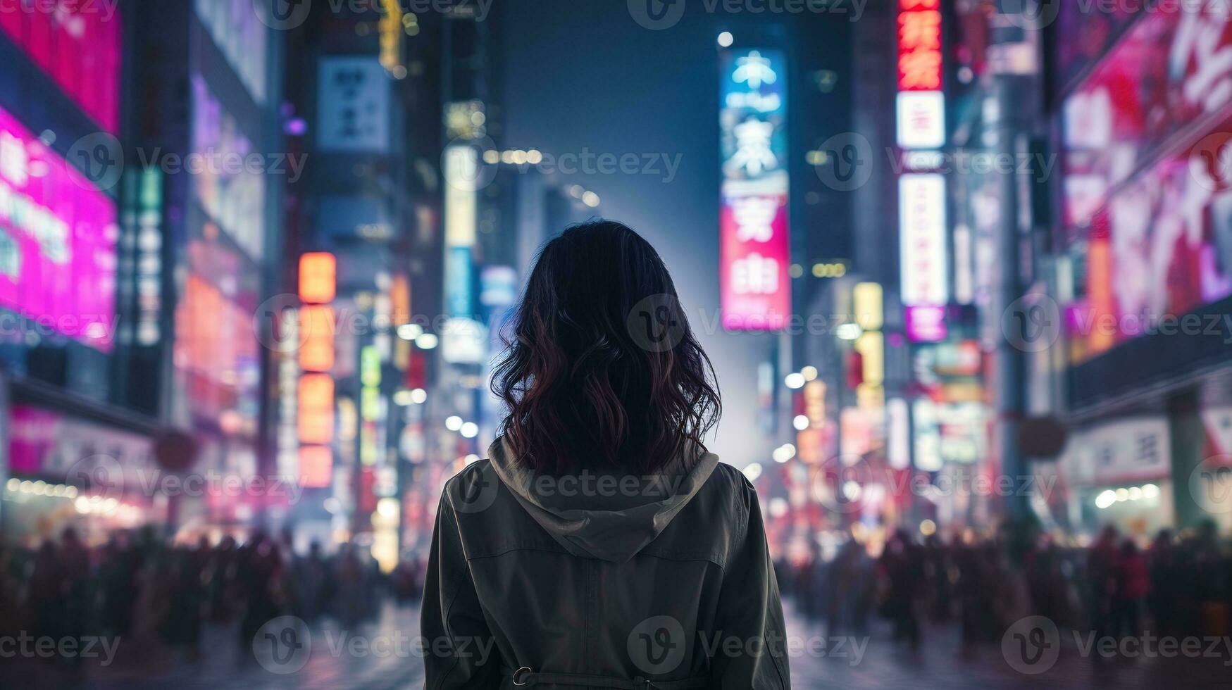 ai généré génératif ai, magnifique fille sur nuit de le néon rue de Japon, cyberpunk style photo