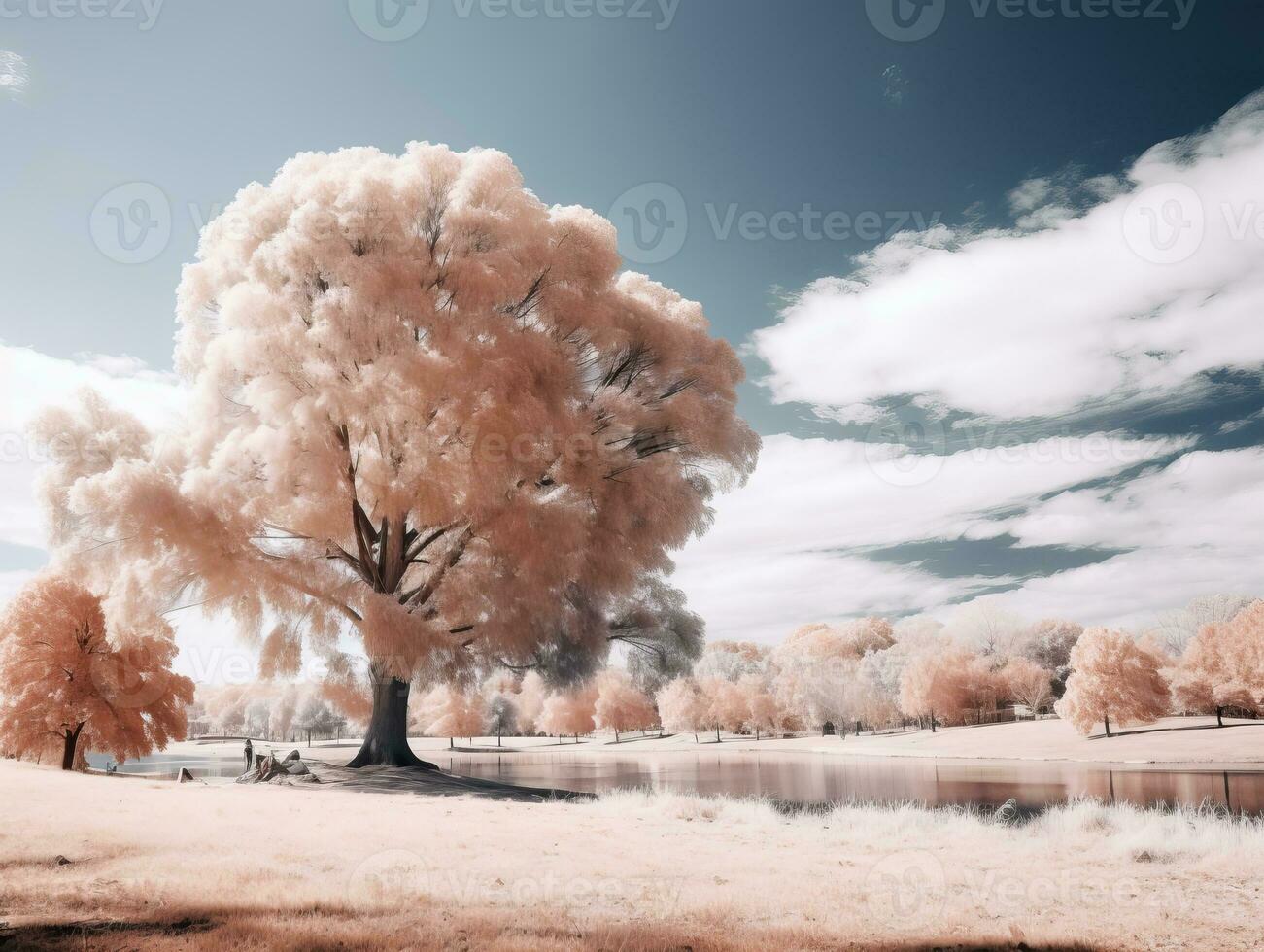 un infrarouge image de une arbre dans le parc génératif ai photo