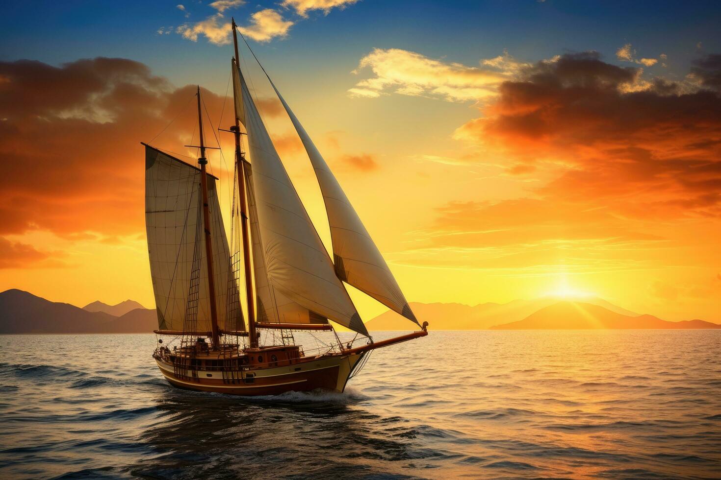 ai généré voile bateau sur le mer à le coucher du soleil. spectaculaire ciel, yacht croisière à coucher de soleil, ai généré photo