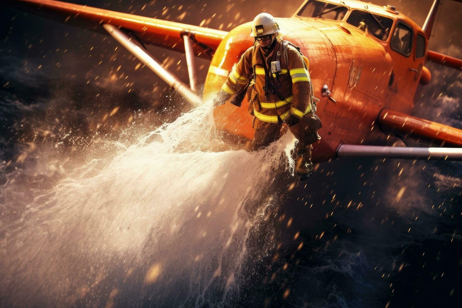 ai généré sapeurs pompiers combat une Feu dans une petit avion avec l'eau éclaboussures, une pompier en utilisant l'eau et un extincteur à bats toi avec Feu flammes dans un accident voiture sur le bord de la route route photo