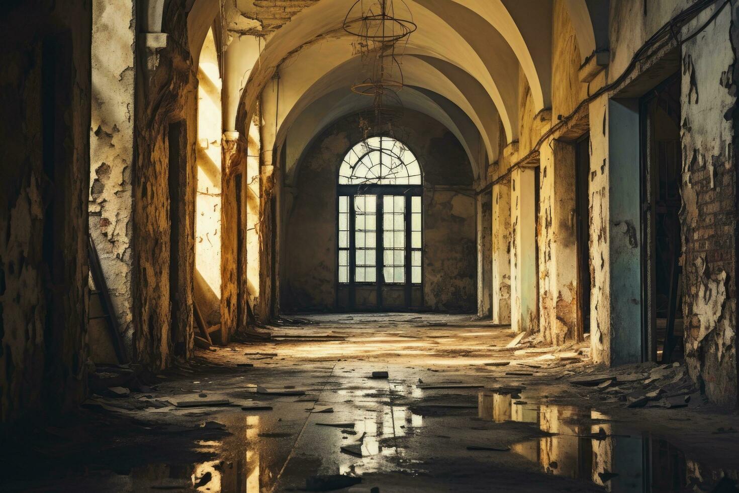 ai généré intérieur de un vieux abandonné bâtiment avec les fenêtres et reflets dans le eau, un vieux vide couloir, ancien abandonné bâtiment avec une fenêtre, ai généré photo