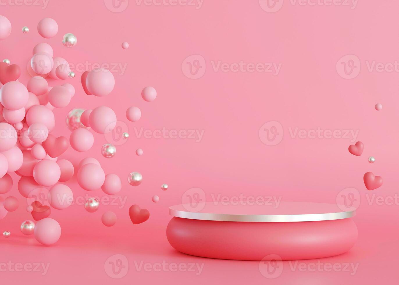 rose et argent podium avec cœurs et bulles. la Saint-Valentin jour, de la mère journée. podium pour produit, cosmétique présentation. moquer en haut. piédestal ou Plate-forme pour beauté des produits. étape avec copie espace. 3d. photo