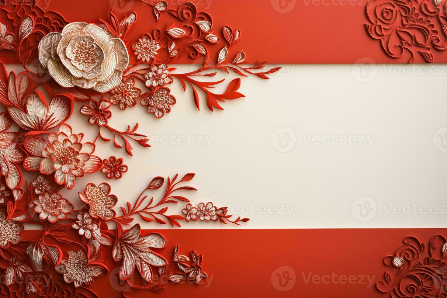 ai généré Vide feuille pour toutes nos félicitations avec une fleur branche sur rouge Contexte. de félicitations Contexte photo