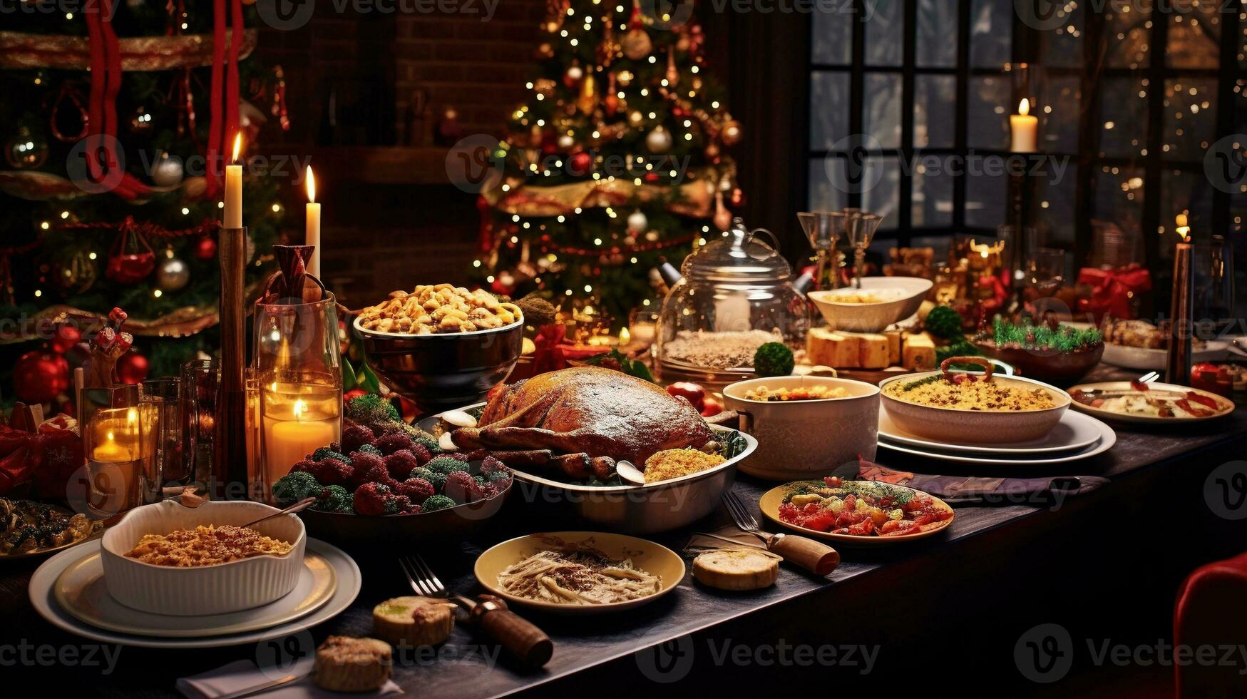 ai généré Noël dîner table plein de vaisselle avec nourriture et collations, Noël un événement photo