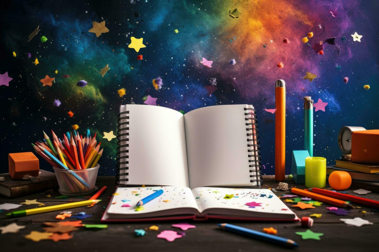 ai généré retour à école concept avec ouvert carnet de notes, coloré des crayons et coloré étoiles, retour à école concept, ouvert carnet avec école fournitures, ai généré photo