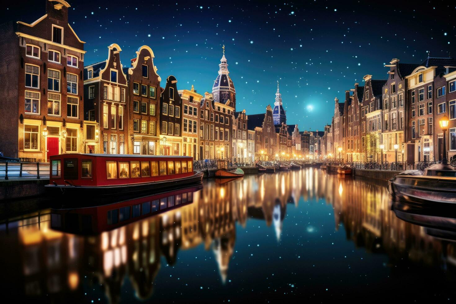 ai généré nuit vue de Amsterdam canaux avec reflets dans eau, Hollande, Pays-Bas, Amsterdam ville illuminé bâtiment et canal à nuit, Pays-Bas, ai généré photo