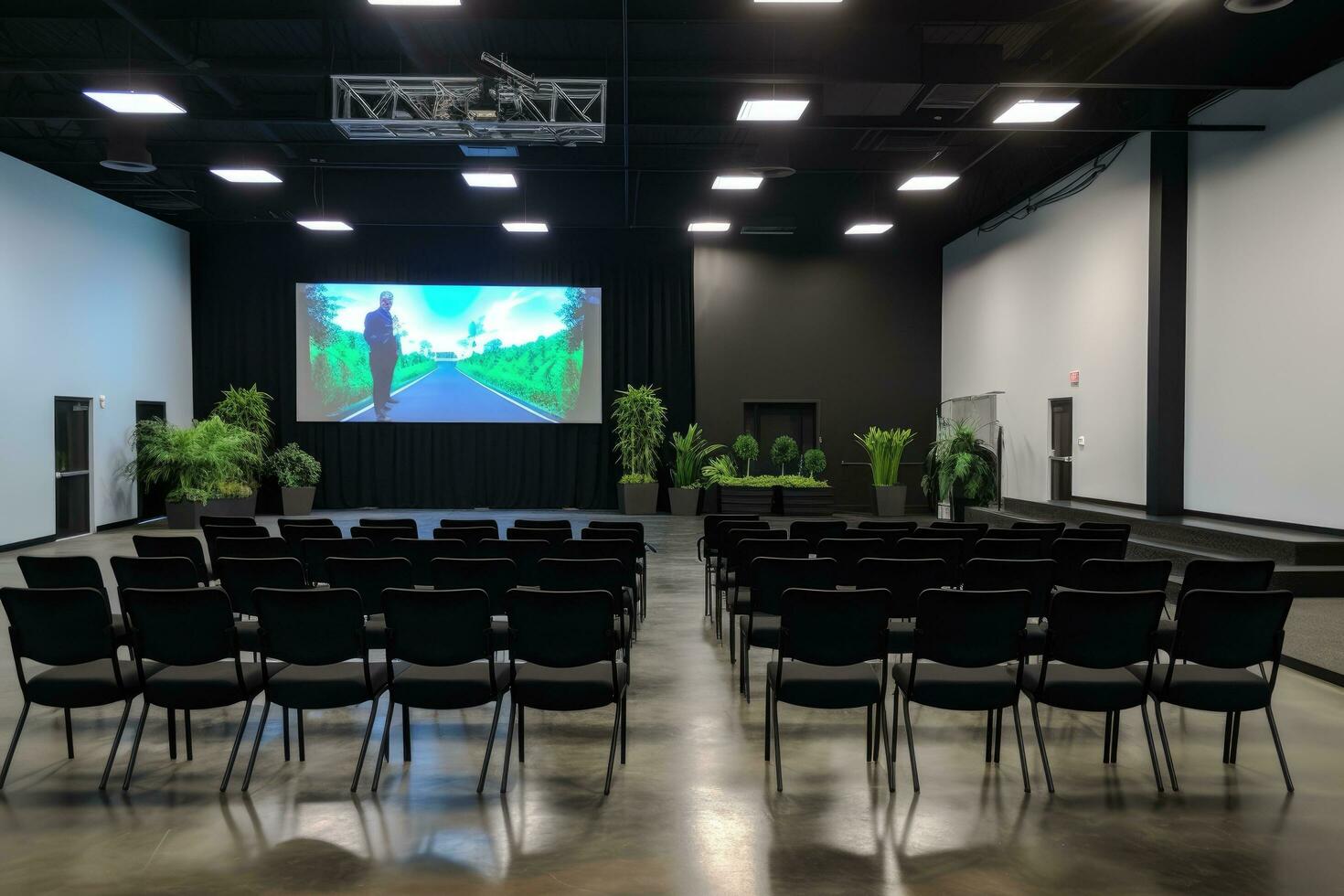 ai généré conférence pièce avec vide chaises et la télé écran dans le conférence entrée, une moderne formation salle avec chaises orienté vers une géant étape avec un gros écran afficher, ai généré photo