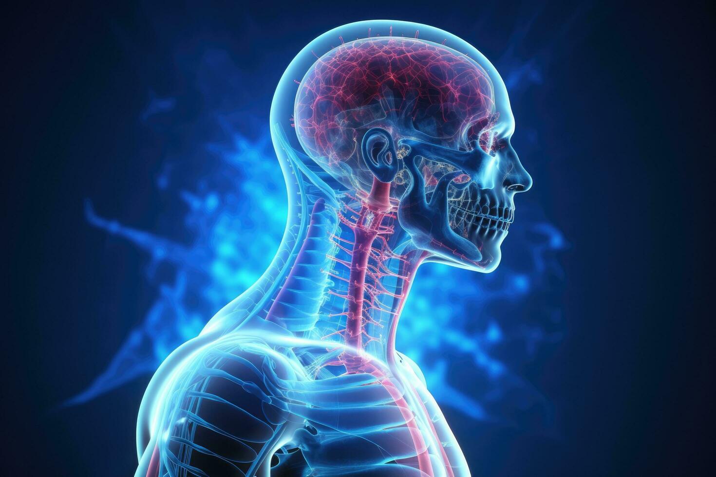 ai généré science anatomie analyse de Humain corps avec lueur lumière dans le cerveau, anatomie de Masculin cerveau douleur avec douleur dans tout les articulations dans bleu, 3d hologramme, ai généré photo