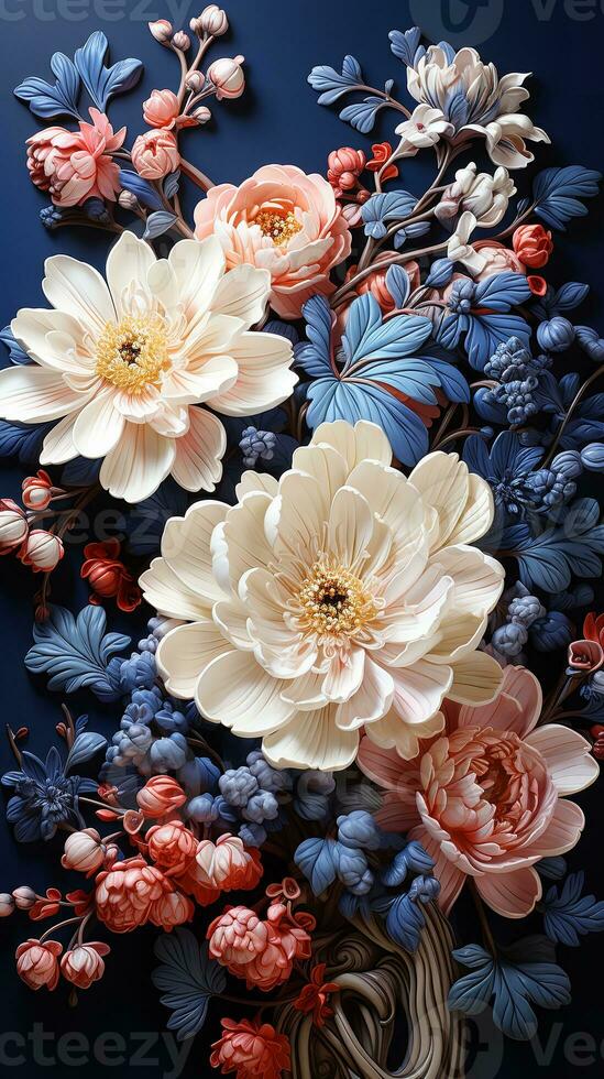 ai généré une vibrant bouquet de assorti fleurs, comprenant des roses, fleurs de lys, et autre fleurit, arrangé contre une brillant bleu toile de fond. le audacieux couleurs et délicat pétales créer une étourdissant visuel photo