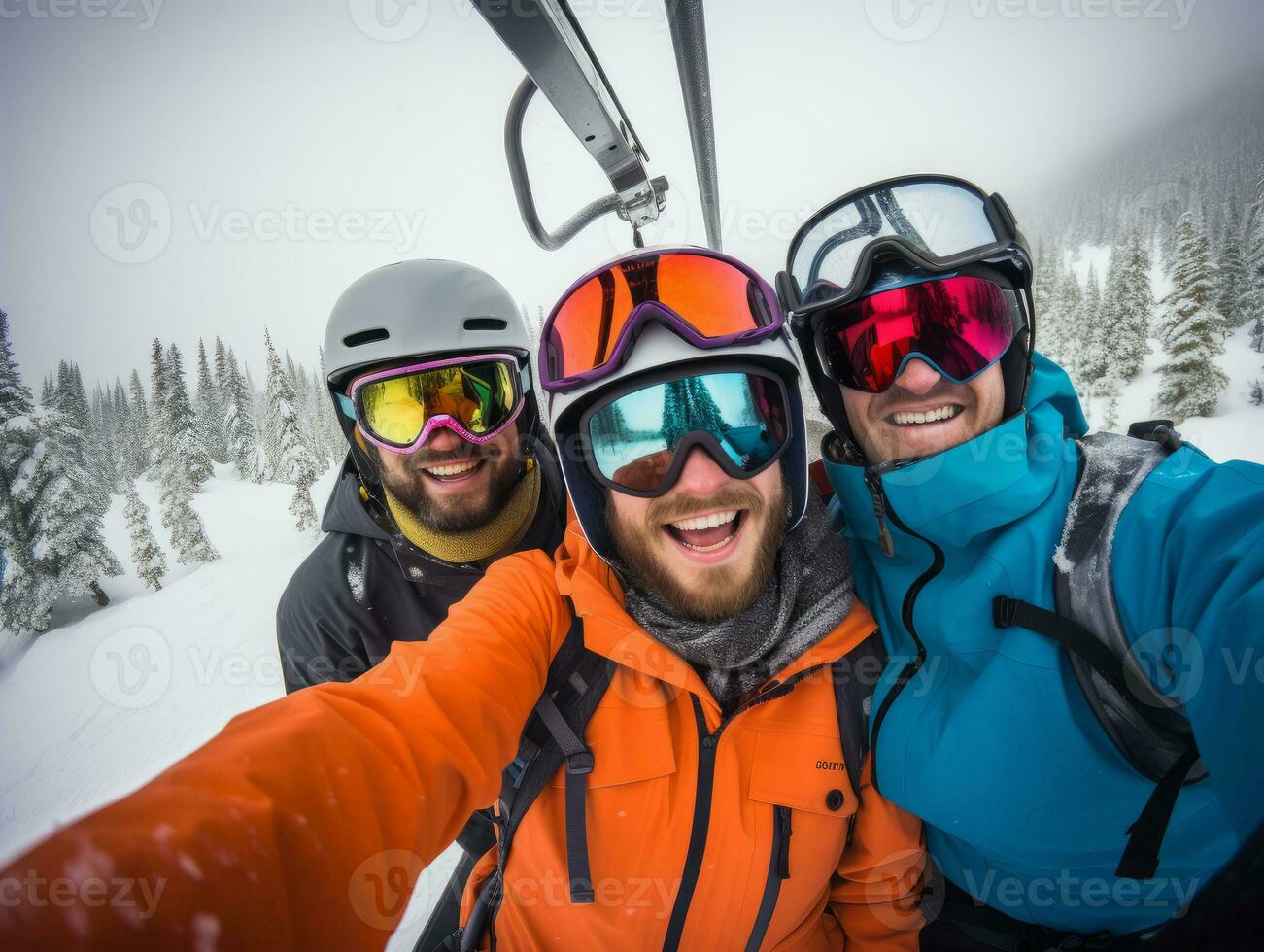 ai généré une groupe de souriant gens sur une ski ascenseur ou planche à roulette photo