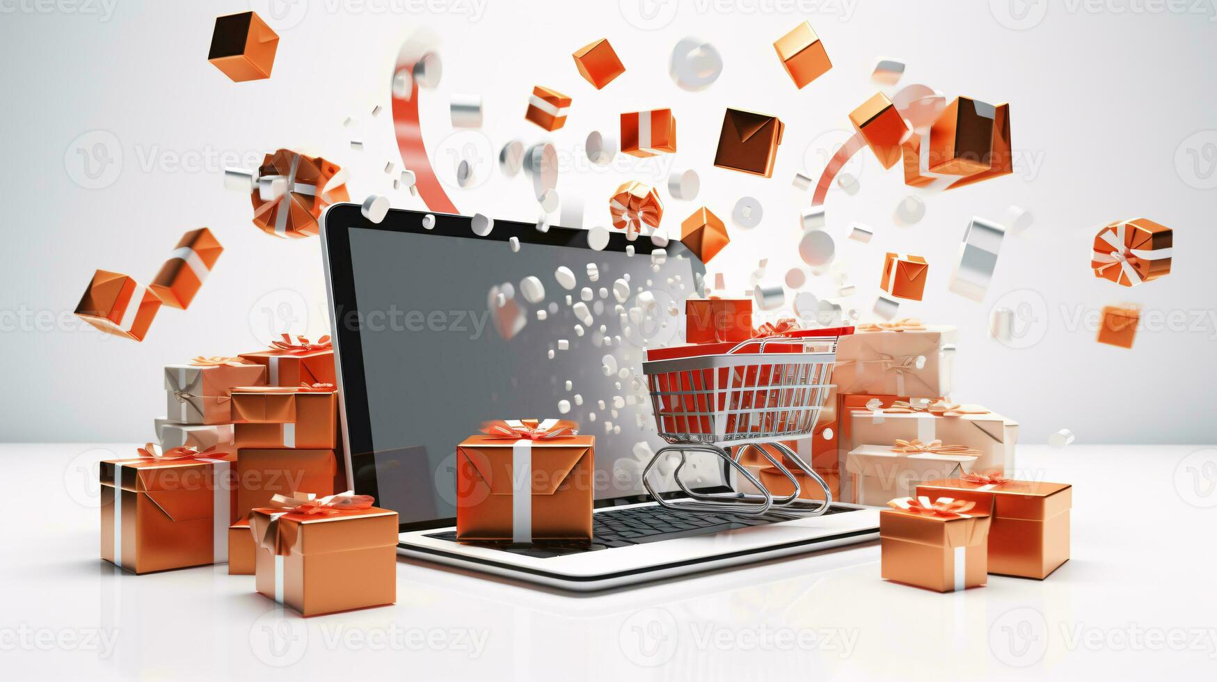 ai généré en ligne achats représentation avec gens sur numérique dispositifs entouré par cadeaux et Icônes de des produits photo