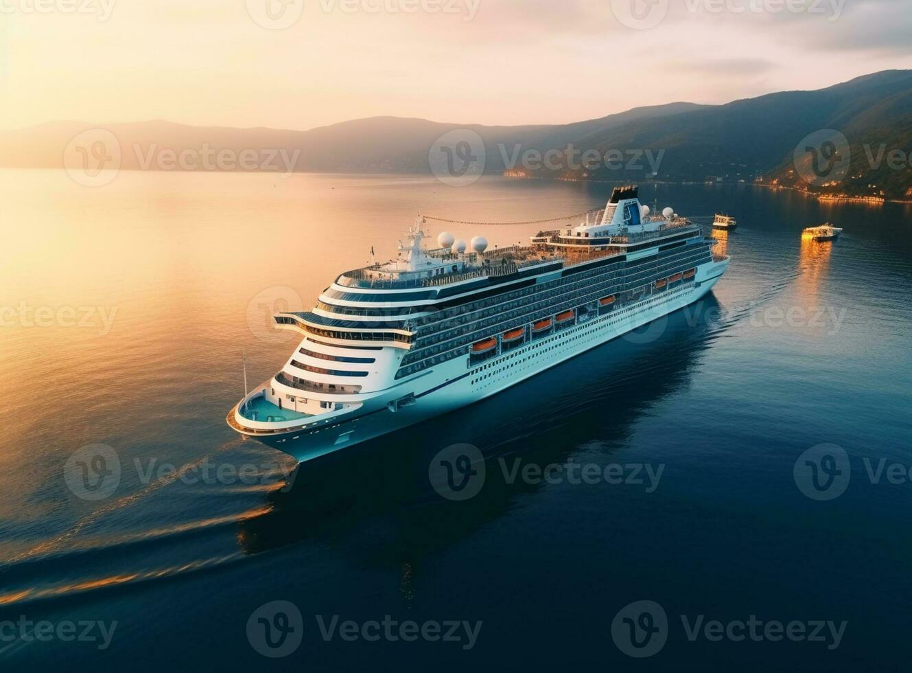 ai généré luxe croisière navire voile à Port sur lever du soleil photo