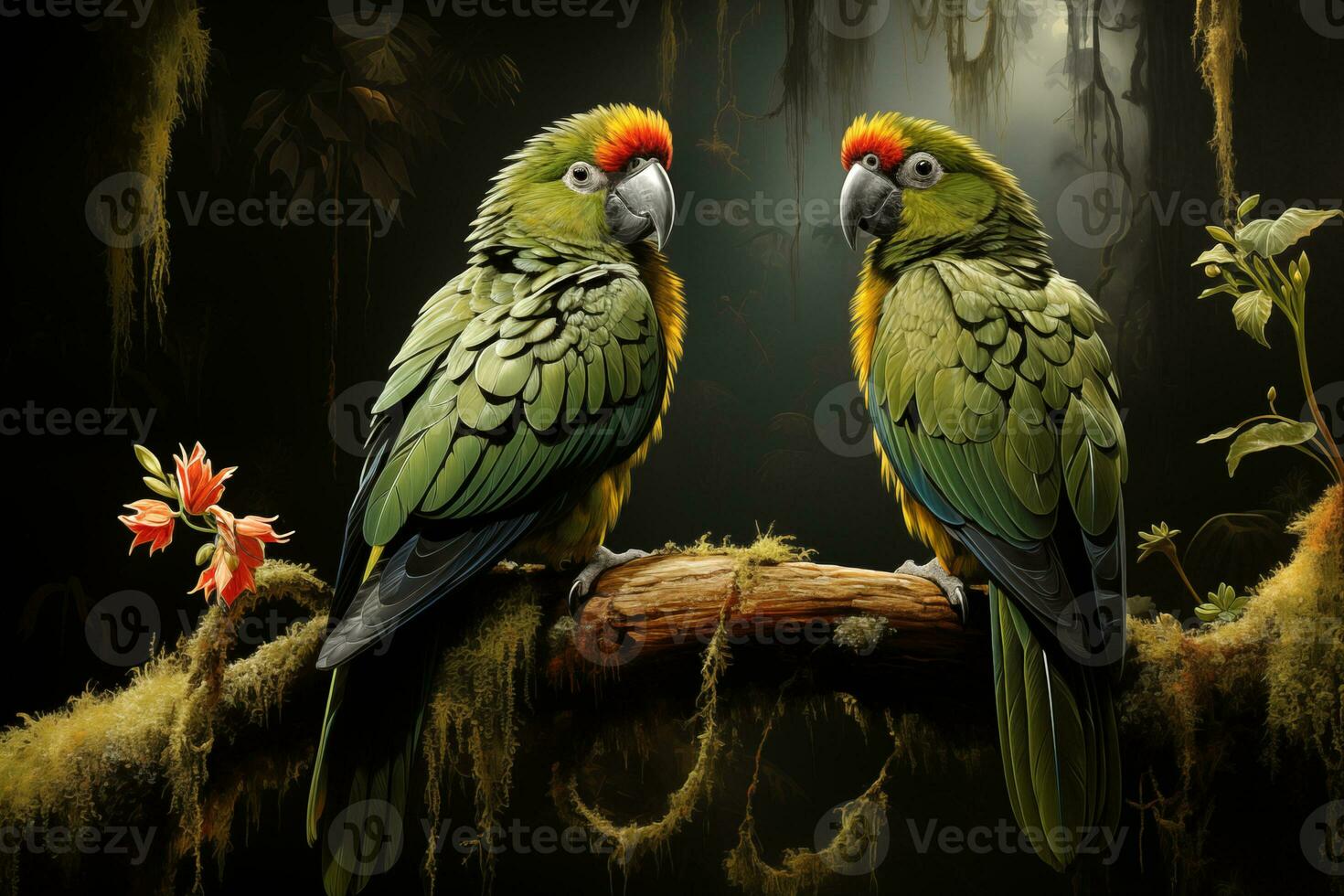 ai généré perroquets dans le forêt tropicale, réaliste La peinture dans ancien style photo